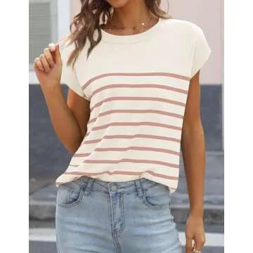 MIROL Women's Cap Sleeve Striped Tops 2025 Batwing Short Sleeve Summer Crewneck Tee Knit Casual Loose Shirts Pink