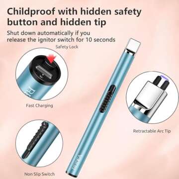 REIDEA Electronic Candle Lighter Long USB Rechargeable Lighter Arc Windproof Flameless Lighter with Safety Switch Buttom (Blue)