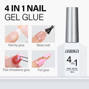 AILLSA Gel Nail Glue for Acrylic Nails, 4 in 1 Super Strong Nail Gel Glue for Fake Nail Tips,15ML High Capacity Long Lasting Brush On Nail Glue for Rhinestone Pearl Foil, (U V Lamp Curing Needed)