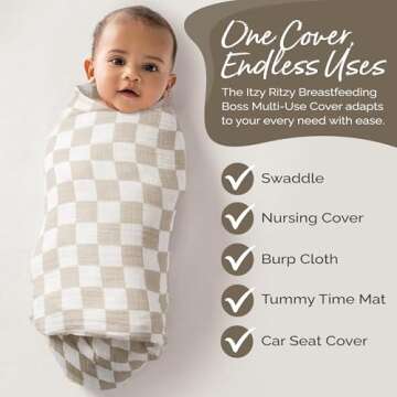 Itzy Ritzy Breastfeeding Boss Multi-Use Cover – A Nursing Cover, Swaddle, Car Seat Cover, Tummy Time Mat & Burp Cloth All in One – Made of Soft Muslin Fabric & Measures 47” x 47” (Checkerboard)