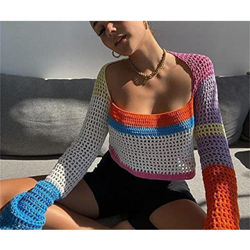 Chic Women Y2k Long Sleeve Crochet Knit Top