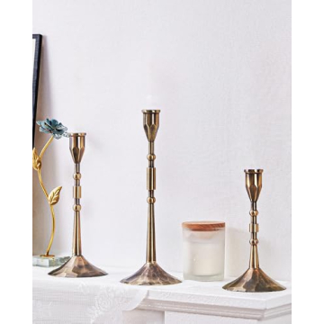 YOUTUOY Handmade Taper Vintage Candle Holders, Set of 3 Candle Sticks Holder Decor, Candlestick Holders (Bronze)