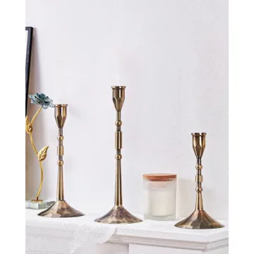 YOUTUOY Handmade Taper Vintage Candle Holders, Set of 3 Candle Sticks Holder Decor, Candlestick Holders (Bronze)