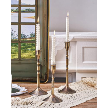 YOUTUOY Handmade Taper Vintage Candle Holders, Set of 3 Candle Sticks Holder Decor, Candlestick Holders (Bronze)