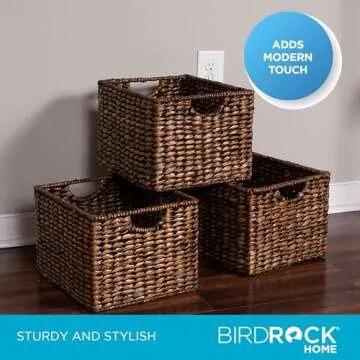 BIRDROCK HOME Storage Shelf Organizer Baskets with Handles - Handwoven Abaca Seagrass Wicker Basket ...