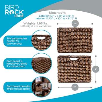 BIRDROCK HOME Storage Shelf Organizer Baskets with Handles - Handwoven Abaca Seagrass Wicker Basket for Pantry, Living Room, Office & Bathroom, Versatile Under Shelf Storage - Set of 3, Brown Wash