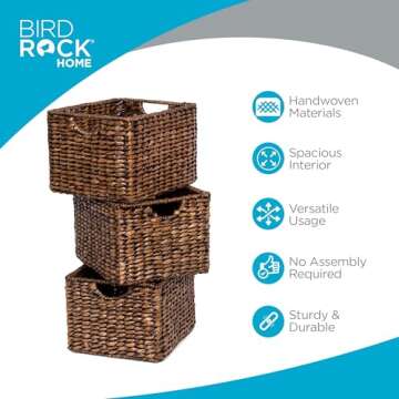 BIRDROCK HOME Storage Shelf Organizer Baskets with Handles - Handwoven Abaca Seagrass Wicker Basket for Pantry, Living Room, Office & Bathroom, Versatile Under Shelf Storage - Set of 3, Brown Wash