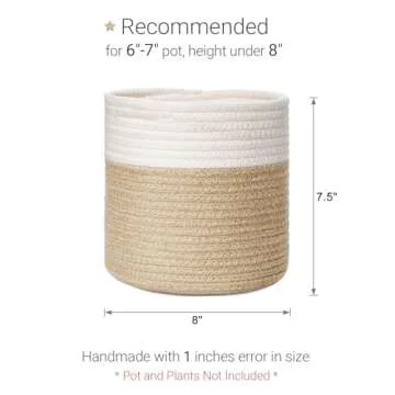 Dahey Small Cotton Rope Plant Basket Woven Plant Coiled Basket for Up to 7" Planter, Decorative Flower Pot Cover Closet Storage Bin Table Desk Organizer for Home Decor, White and Beige