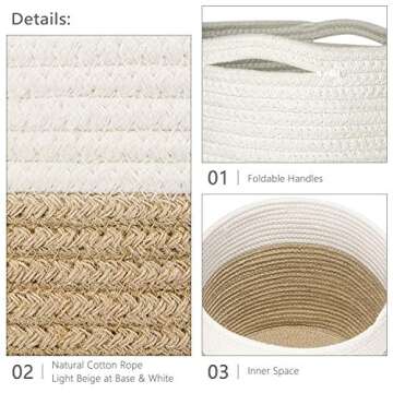 Dahey Small Cotton Rope Plant Basket Woven Plant Coiled Basket for Up to 7" Planter, Decorative Flower Pot Cover Closet Storage Bin Table Desk Organizer for Home Decor, White and Beige