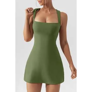 QINSEN Womens Sexy Square Neck Mini Dress High Waist Breathable Casual Dress Olive S