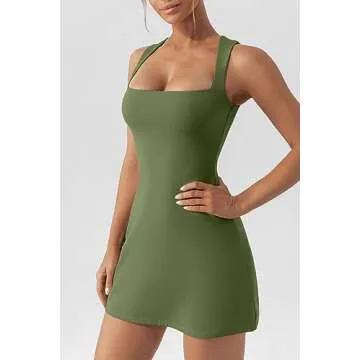 QINSEN Womens Sexy Square Neck Mini Dress High Waist Breathable Casual Dress Olive S