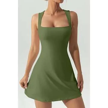 QINSEN Womens Sexy Square Neck Mini Dress High Waist Breathable Casual Dress Olive S
