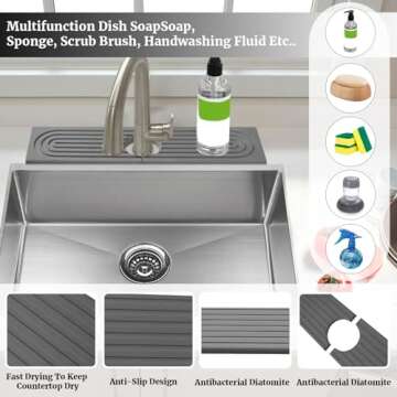 15.7In Stone Faucet Mat for Kitchen Sink Splash Guard, Diatomite Stone Drying Mat Water Absorbing Stone Tray Faucet Guard & Draining Mat for Counter (Fast Drying)