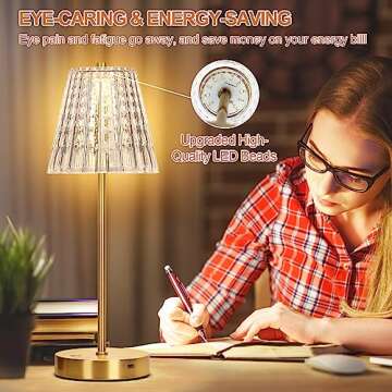 Touch Table Lamp, Stepless Dimming Crystal LED Lamp with 3 Modes, Rechargeable Battery Powered Small Nightstand Lamp, Metal Modern Cordless Bedside Lamps for Bedroom, Read, Office, Home Bar (Gold)