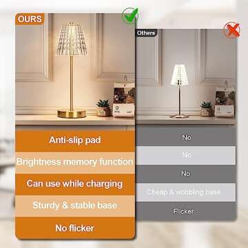 Touch Table Lamp, Stepless Dimming Crystal LED Lamp with 3 Modes, Rechargeable Battery Powered Small Nightstand Lamp, Metal Modern Cordless Bedside Lamps for Bedroom, Read, Office, Home Bar (Gold)