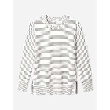 Daily Ritual Women's Long-Sleeve Crewneck Sweatshirt with Side Cutouts, Black White Pinstripe, Large