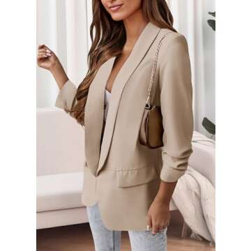 KIRUNDO Womens Fall Fashion 2025 Casual Blazers Long Sleeve Open Front Work Suit Office Blazer Jackets with Pockets(Beige White, Medium)