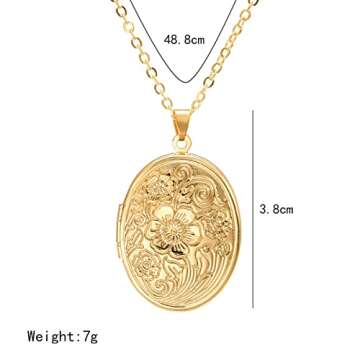 Vintage Engraved Flower Empaistic Photo Locket Hold Picture Oval Round Pendant Necklace Antique Carved Pattern Souvenir Memorial Clavicle Jewelry for Women-gold