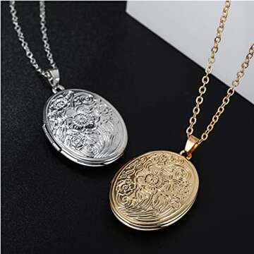 Vintage Engraved Flower Empaistic Photo Locket Hold Picture Oval Round Pendant Necklace Antique Carved Pattern Souvenir Memorial Clavicle Jewelry for Women-gold