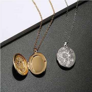Vintage Engraved Flower Empaistic Photo Locket Hold Picture Oval Round Pendant Necklace Antique Carved Pattern Souvenir Memorial Clavicle Jewelry for Women-gold