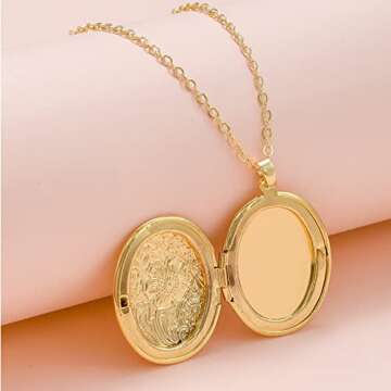 Vintage Engraved Flower Empaistic Photo Locket Hold Picture Oval Round Pendant Necklace Antique Carved Pattern Souvenir Memorial Clavicle Jewelry for Women-gold