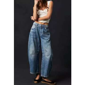 CHARTOU Barrel Jeans for Women Baggy Wide Leg Y2k Mid Rise Ankle Denim Pants (Medium,Blue)