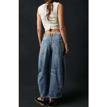 CHARTOU Barrel Jeans for Women Baggy Wide Leg Y2k Mid Rise Ankle Denim Pants (Medium,Blue)