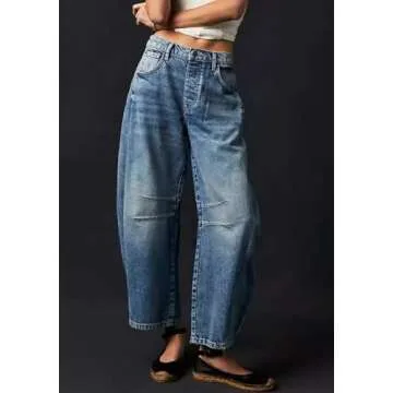 CHARTOU Barrel Jeans for Women Baggy Wide Leg Y2k Mid Rise Ankle Denim Pants (Medium,Blue)