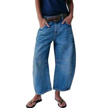 CHARTOU Barrel Jeans for Women Baggy Wide Leg Y2k Mid Rise Ankle Denim Pants (Medium,Blue)