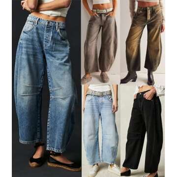 CHARTOU Barrel Jeans for Women Baggy Wide Leg Y2k Mid Rise Ankle Denim Pants (Medium,Blue)