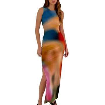 Women Casual Tie Dye Print Bodycon Maxi Tank Dresses Y2k Crewneck Sleeveless Side Split Knee Length ...