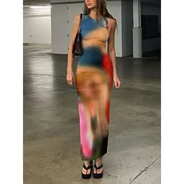 Women Casual Tie Dye Print Bodycon Maxi Tank Dresses Y2k Crewneck Sleeveless Side Split Knee Length Long Beach Party Dress 2023 Navy Blue