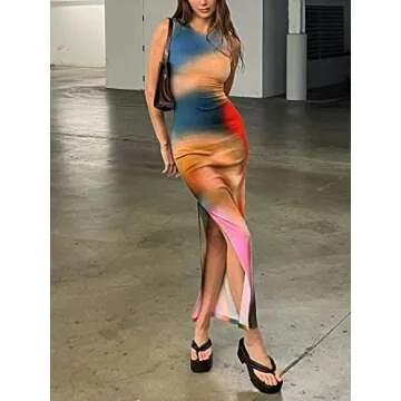 Women Casual Tie Dye Print Bodycon Maxi Tank Dresses Y2k Crewneck Sleeveless Side Split Knee Length Long Beach Party Dress 2023 Navy Blue