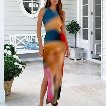 Women Casual Tie Dye Print Bodycon Maxi Tank Dresses Y2k Crewneck Sleeveless Side Split Knee Length Long Beach Party Dress 2023 Navy Blue