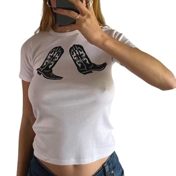 Y2k Baby Tees Women Short Sleeve Crop Tops Teen Girls Bow Fruit Graphic Print T Shirts Vintage Aesthetic Clothes (Black Shoes, S)