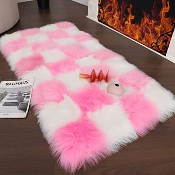 2×4 Area Rug for Living Room, Pink and White Fluffy Shag Fuzzy Plush Soft Checkered Rugs for Bedroo...