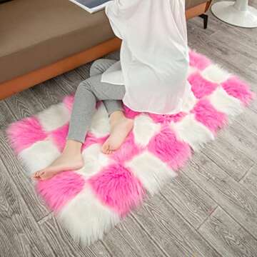 2×4 Area Rug for Living Room, Pink and White Fluffy Shag Fuzzy Plush Soft Checkered Rugs for Bedroom, Shaggy Rug Floor Carpets for Kids Teen Dorm Home Decor Aesthetic, Boys and Girls Room