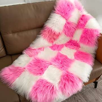 2×4 Area Rug for Living Room, Pink and White Fluffy Shag Fuzzy Plush Soft Checkered Rugs for Bedroom, Shaggy Rug Floor Carpets for Kids Teen Dorm Home Decor Aesthetic, Boys and Girls Room