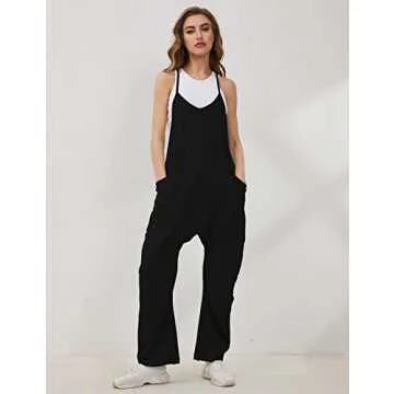 Lentta Women's Causal Jumpsuits V Neck Sleeveless Harem Overalls Stretchy Adjustable Strap Romper with Pockets(Black-L)