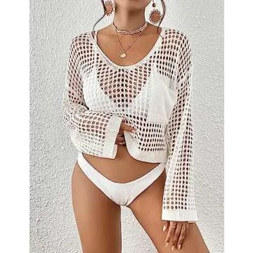 Bsubseach Womens Crochet Crop Top Beach Swimsuit Cover Up Long Sleeve Hollow Out Bathing Suit Cover ...