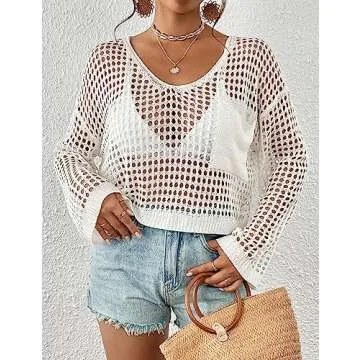 Bsubseach Womens Crochet Crop Top Beach Swimsuit Cover Up Long Sleeve Hollow Out Bathing Suit Cover Ups White