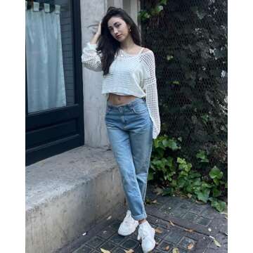 Bsubseach Womens Crochet Crop Top Beach Swimsuit Cover Up Long Sleeve Hollow Out Bathing Suit Cover Ups White