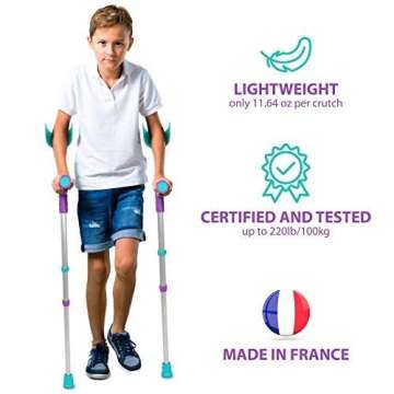 ORTONYX Kids Walking Forearm Crutches (1 Pair) Good for Children and Short Adults up to 220lb - Adjustable Arm Support- Lightweight Aluminum - Ergonomic Handle with Comfy Grip