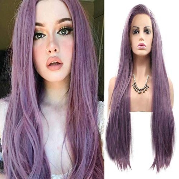 Purple Wigs Long Straight Synthetic Lace Front Wigs for Women Handmade Realistic Looking Wig Ash Lav...