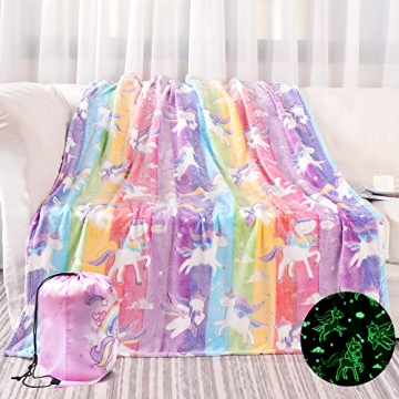 LIFEYJ Glow in The Dark Blanket Unicorns Gifts for Girls, Soft Blanket 3 4 5 6 7 8 9 10 Year Old Gir...