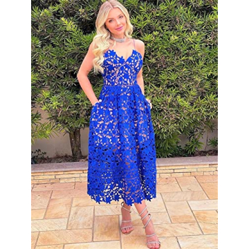 Alvaq Womens Summer Sexy V Neck Lace Hollow Beach Evening Wedding Midi Dress Plus Size Formal Blue Medium