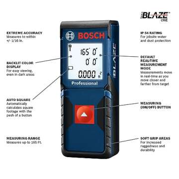 BOSCH GLM165-10 165 Ft Blaze Laser Distance Measure, Includes 2 AAA Batteries, Hand Strap, Target Cards, & Pouch