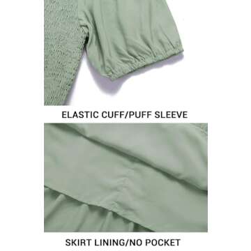 ZESICA Women's 2024 Casual Summer Crew Neck Short Puff Sleeve Smocked High Waist Ruffle Tiered A Line Midi Dress,DustyGreen,X-Large