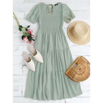 ZESICA Women's 2024 Casual Summer Crew Neck Short Puff Sleeve Smocked High Waist Ruffle Tiered A Line Midi Dress,DustyGreen,X-Large