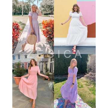 ZESICA Women's 2024 Casual Summer Crew Neck Short Puff Sleeve Smocked High Waist Ruffle Tiered A Line Midi Dress,DustyGreen,X-Large